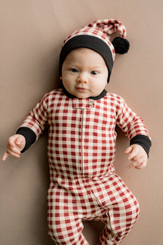 L'oved Baby - Holiday 2-Way Zipper Footie & Cap Set - Crimson Plaid