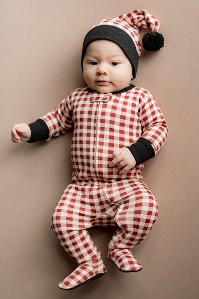 L'oved Baby - Holiday 2-Way Zipper Footie & Cap Set - Crimson Plaid