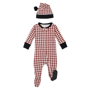 L'oved Baby - Holiday 2-Way Zipper Footie & Cap Set - Crimson Plaid