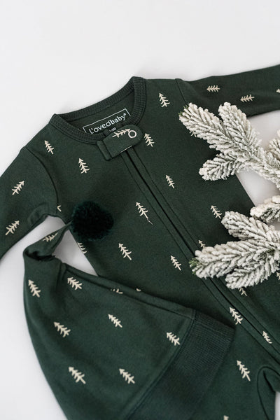 L'oved Baby - Holiday 2-Way Zipper Footie & Cap Set - Pine Trees