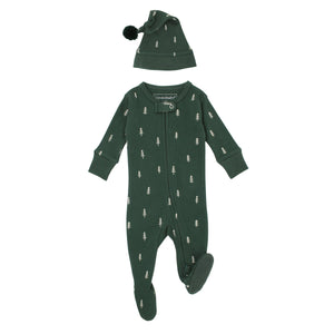 L'oved Baby - Holiday 2-Way Zipper Footie & Cap Set - Pine Trees