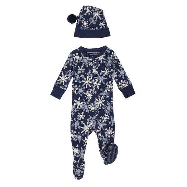 L'oved Baby - Holiday 2-Way Zipper Footie & Cap Set - Snowflakes