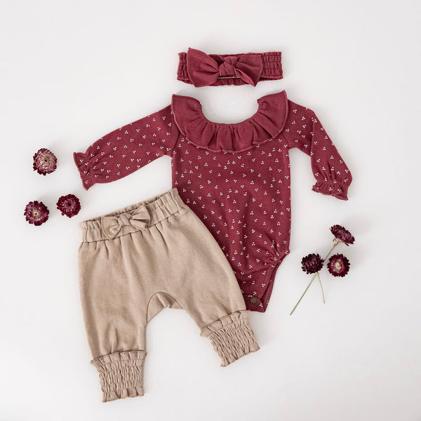 L'oved Baby - Organic Smocked Bubble Pants with Bow - Oatmeal