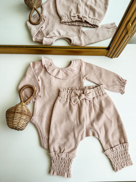 L'oved Baby - Organic Smocked Bubble Pants with Bow - Oatmeal